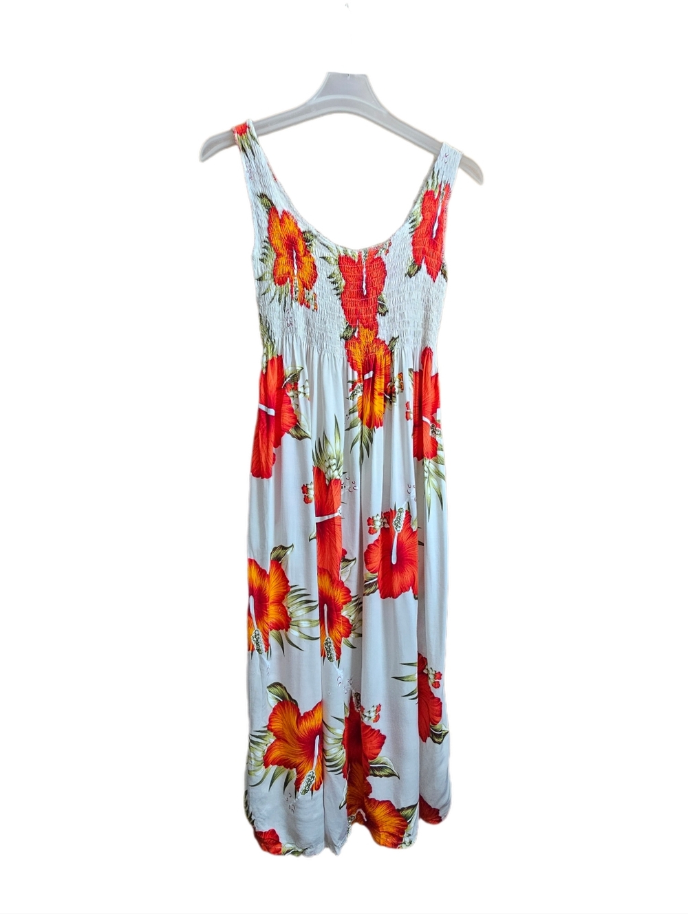Womens Hibiscus ruched maxi sundress one size white red damaged